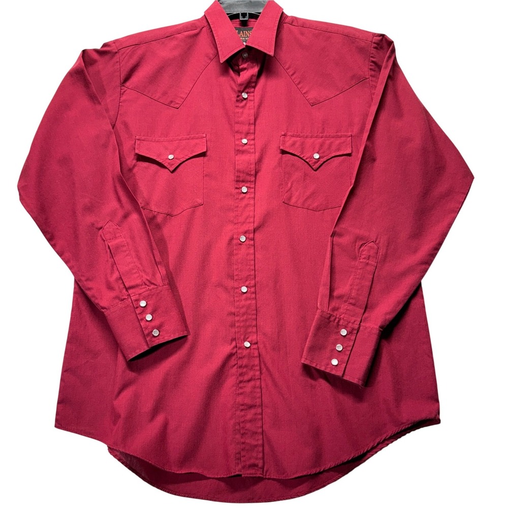 Plains Western Wear Shirt Mens Medium Red Pearl Snap Cowboy Rodeo Long Sleeve